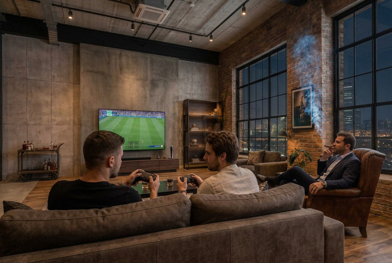 Privat spelkväll med PlayStation och cigarr i en elegant loftlokal